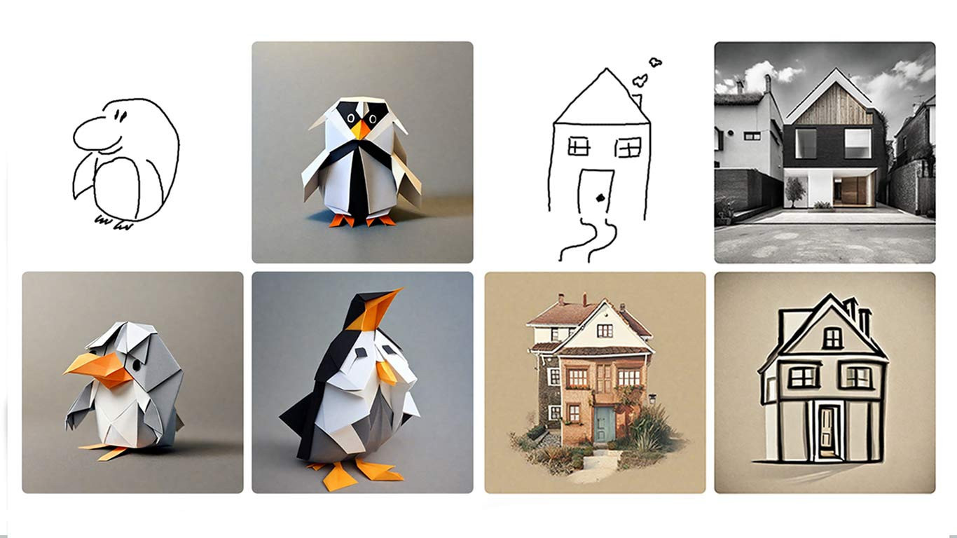 Penguin and house art created in Stable Doodle.