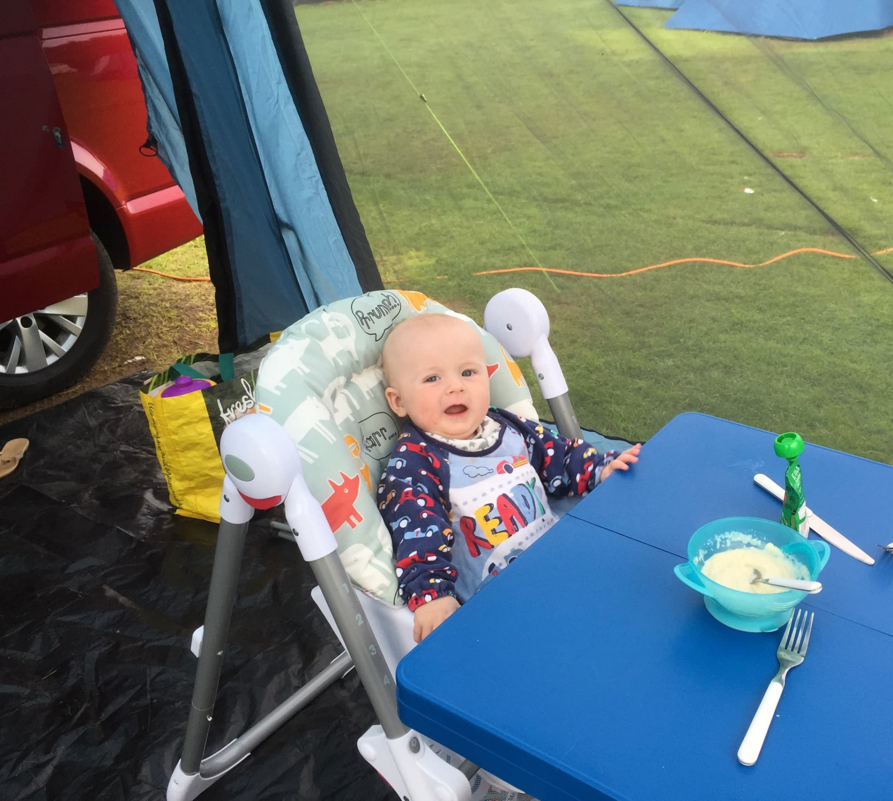 Dougie was ready for his breakfast in our drive-away awning back in 2017!