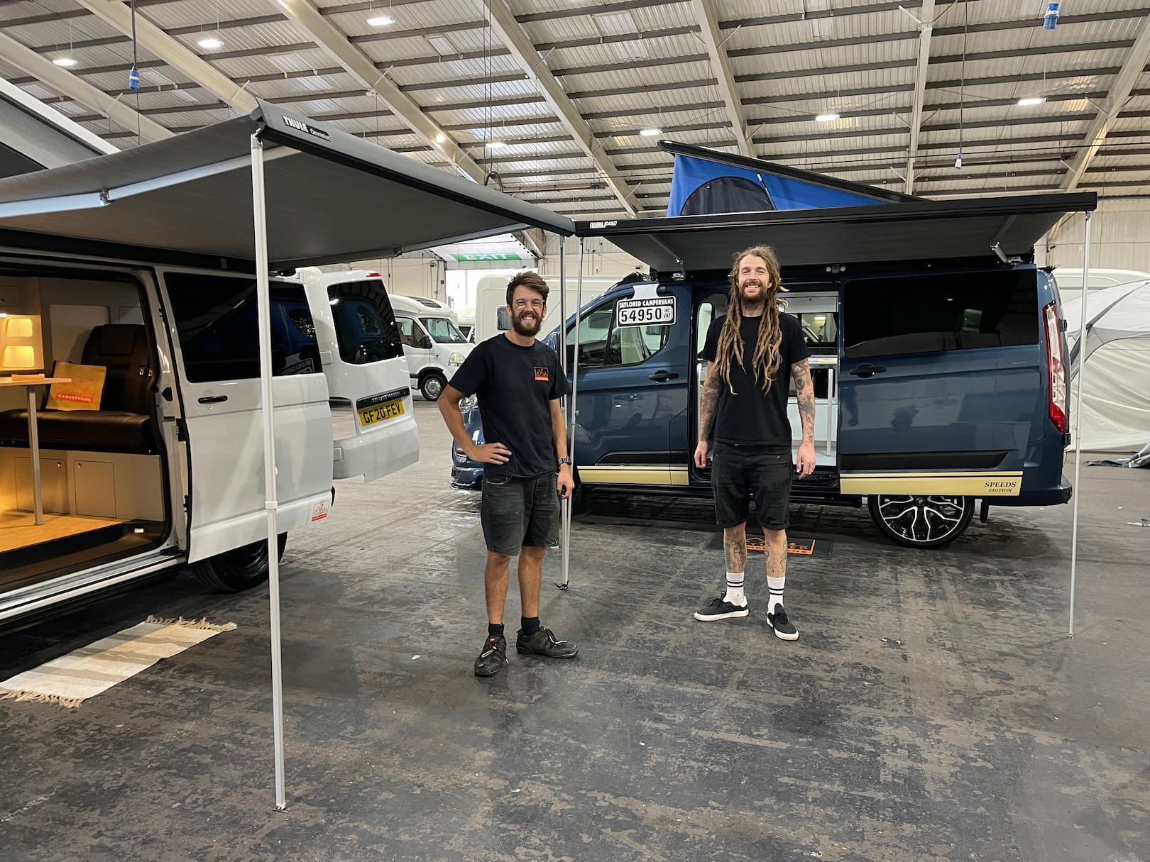 The guys showcasing the Thule Omnistor and Fiamma F45S Awnings on both a Volkswagen T6.1 and a Ford Transit Custom